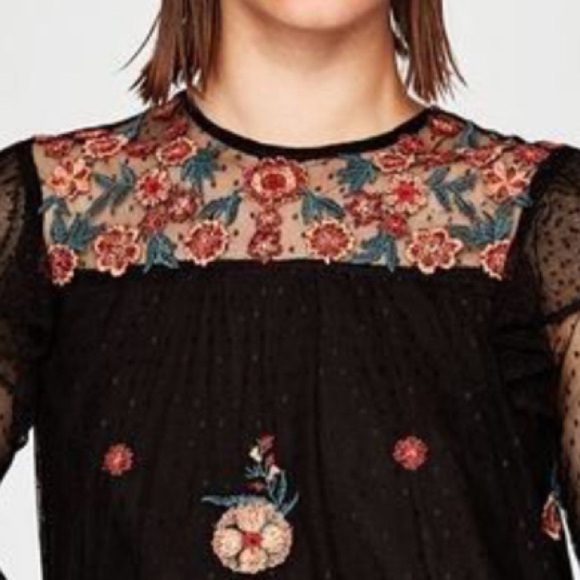 ZARA Basic Original black tulle embroidered top Sz Small Women - Picture 4 of 8